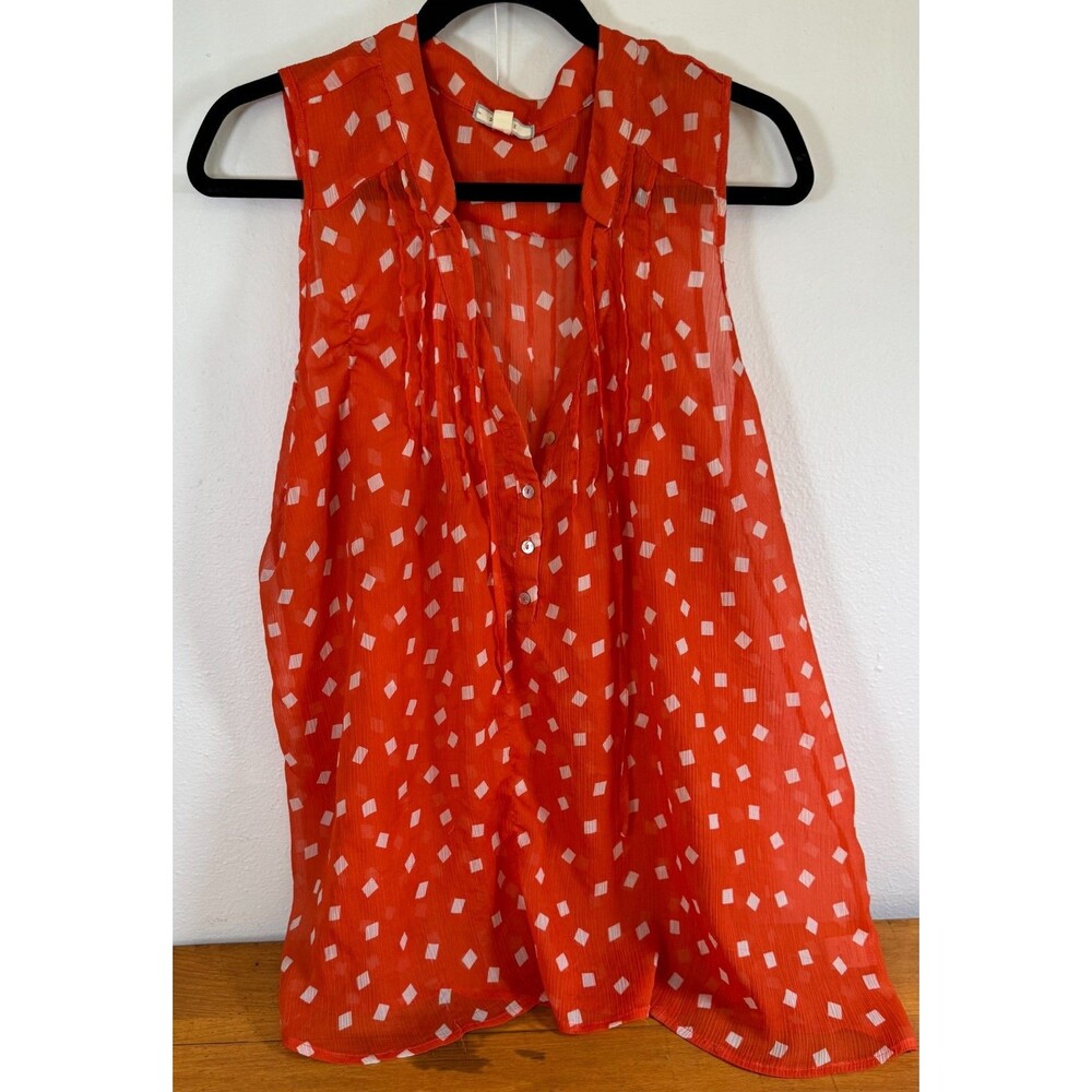 Pleione Anthropologie Sheer Orange Geometric Sleeveless Blouse XL 1X Boho PLUS